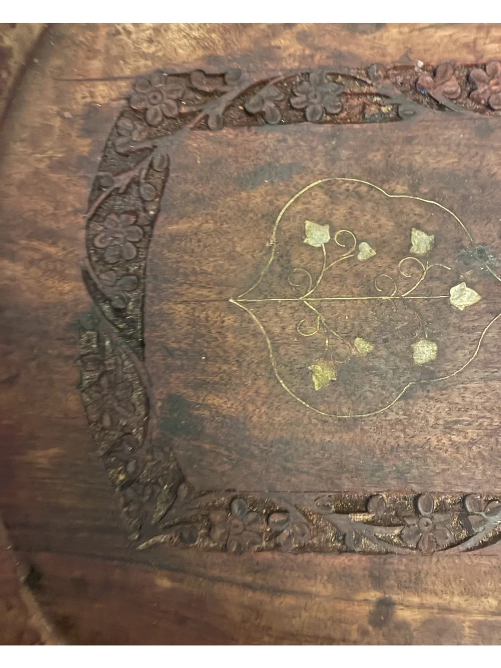 Vintage Indian Carved Wooden Tray Brass Floral Inlay 14.75x10 Farmhouse (as is)